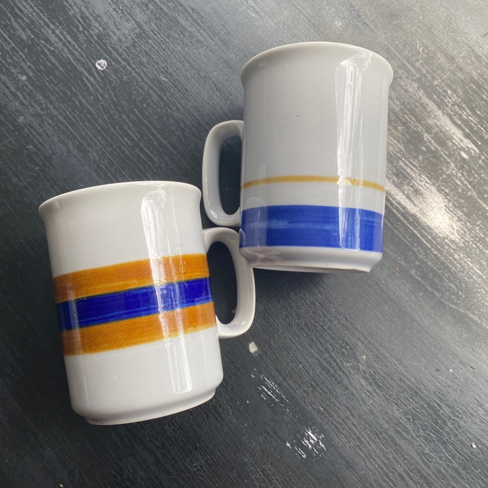 two vintage blue and tan striped retro coffee mugs